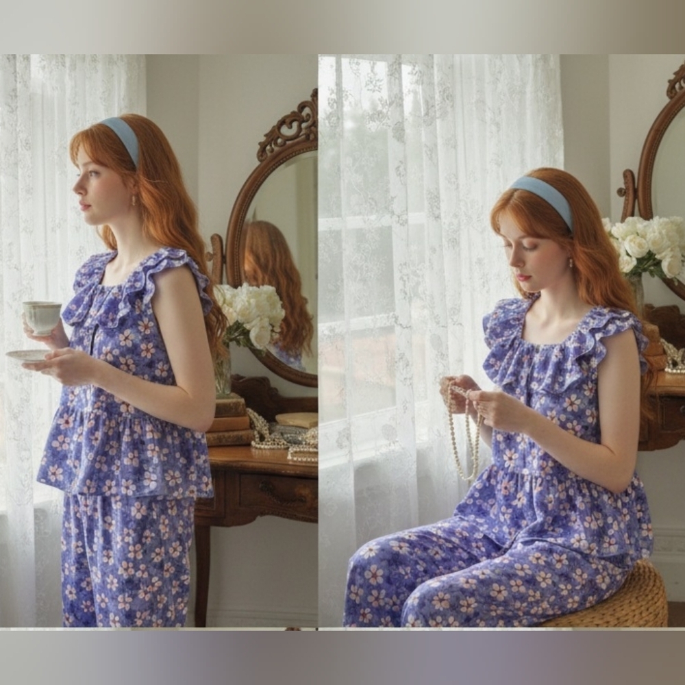 Vintage Purple Floral PJ Coquette Peplum Ruffles Sleep Set w/ Hanger Sz S/M